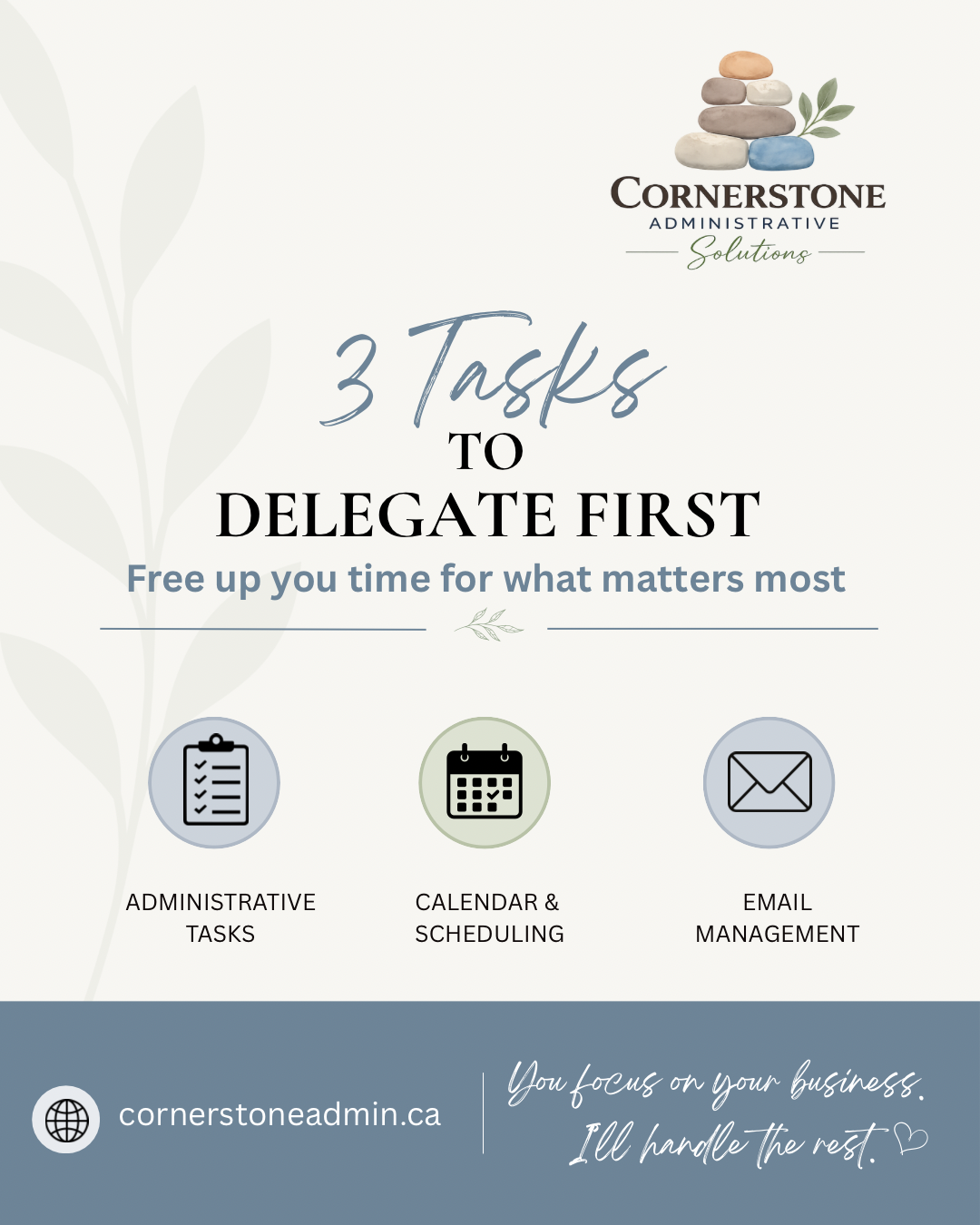 Branded graphic: 3 tasks to delegate first. Administrative tasks, calendar and scheduling, and email management.
